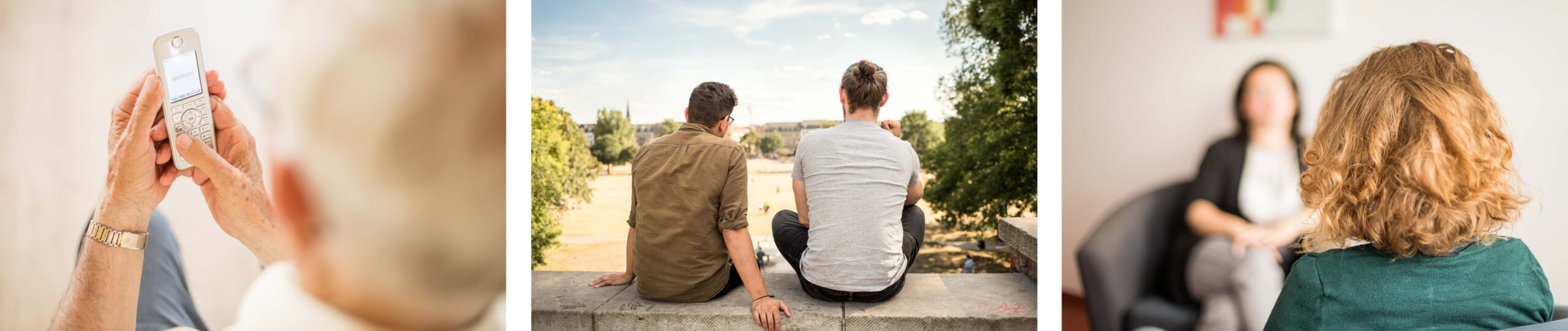 Collage mit drei Fotos: Foto 1 zeigt älteren Mann von hinten, der enin Telefon in den Händen hält; Foto 2 zeigt zwei junge Männer, die draußen sitzen mit Park im Hintergrund; Foto 3 zeigt Frau von hinten im Gespräch mit einer zweiten Frau, die gegenüber in einem Sessel sitzt