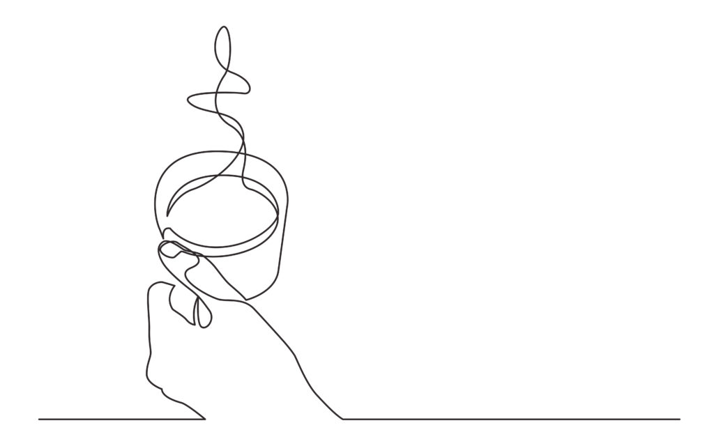 One line drawing (Einlinienzeichnung) von einer Hand, die eine Tasse mit einem dampfenden Getränk hält