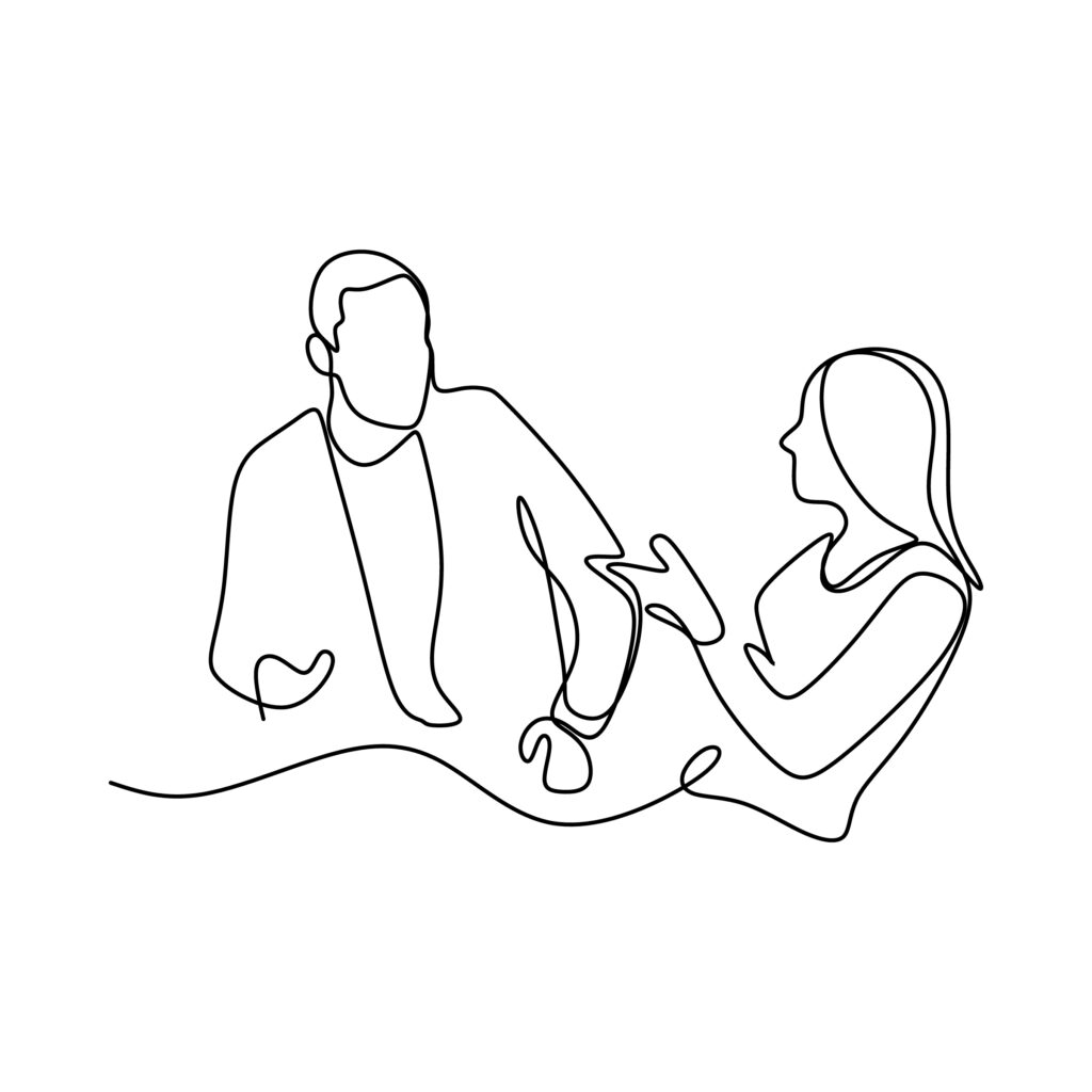 One line drawing (Einlinienzeichnung) von einem Mann und einer Frau, die sich unterhalten