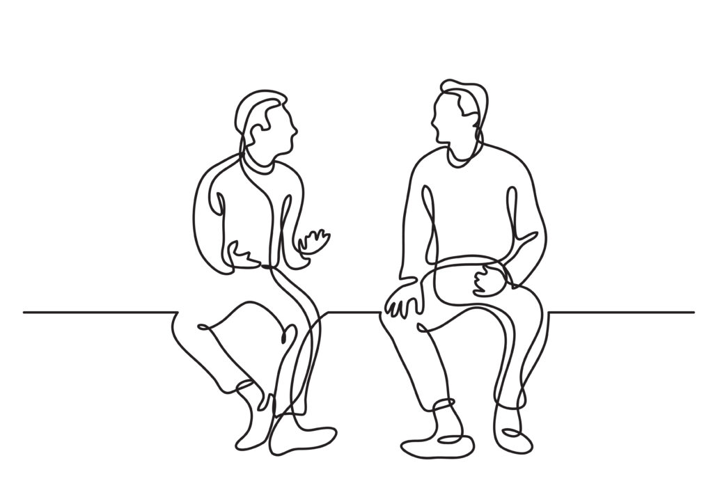 One line drawing (Einlinienzeichnung) von zwei Männern, die sitzen und sich unterhalten